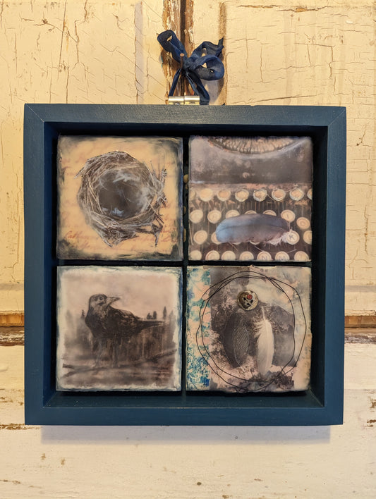 Crow Collage, Typewriter, Nest - Original Wax Encaustic Art Piece