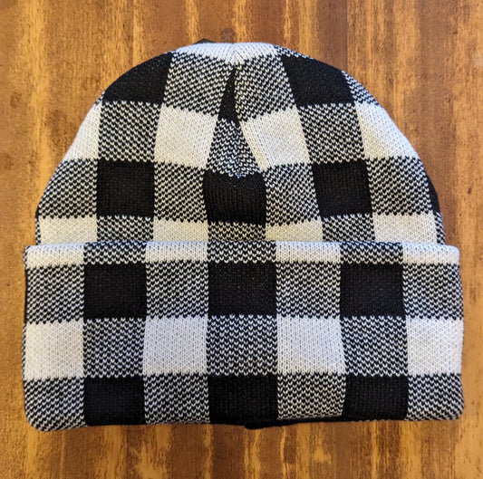 Beanie Hat, Black and White Buffalo Plaid