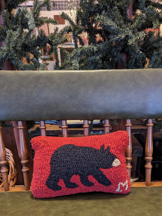 Bear Pillow, Hooked Wool, Red