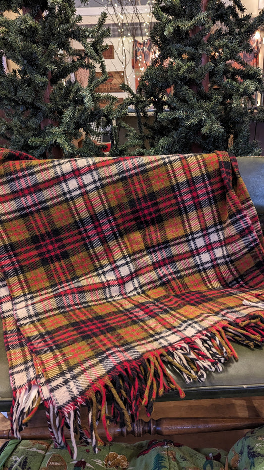 Vintage Wool Camp Blanket, Stadium Blanket, Green/Brown and Red Plaid