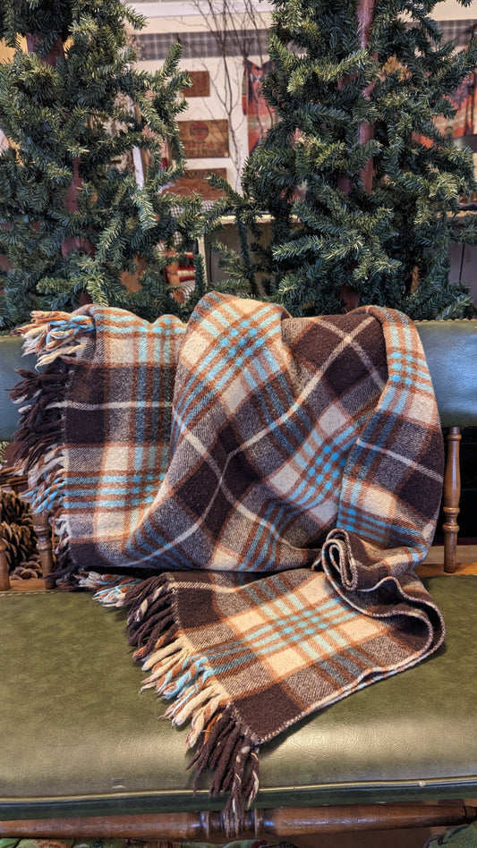 Vintage Wool Camp Blanket, Stadium Blanket, Brown and Turquoise Plaid