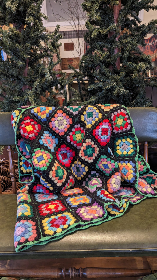 Vintage Wool Granny Squares Blanket Throw