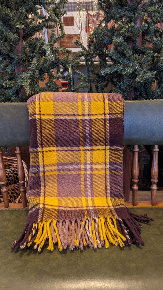 Vintage Wool Camp Blanket, Stadium Blanket, Yellow and Brown Plaid