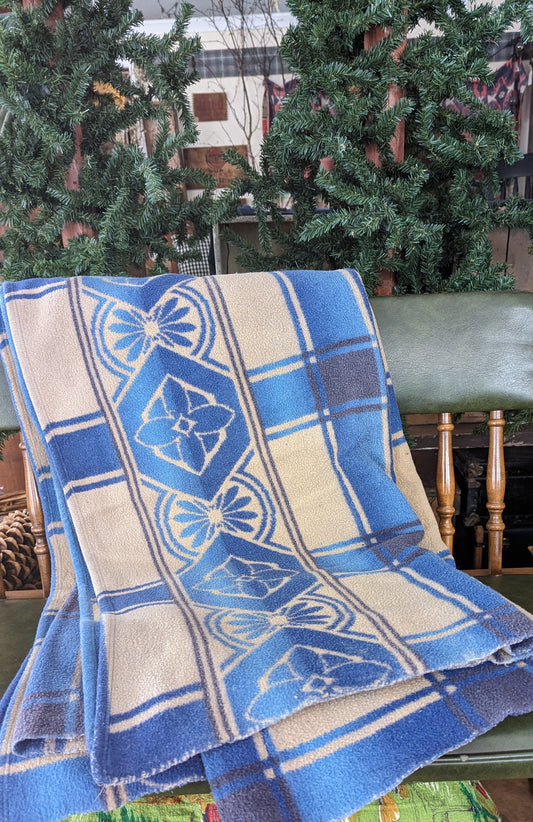 Vintage Camp Blanket, Blue Floral and Geometric Design