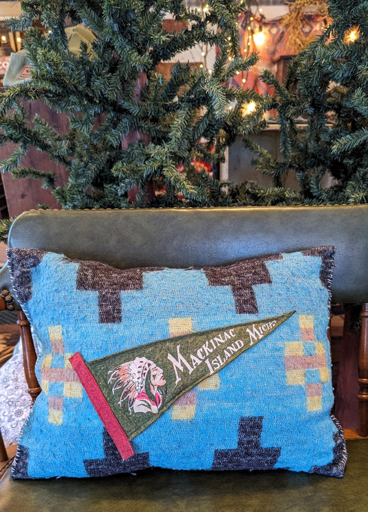 Pillow - Antique Pennant and Trade Blanket Mackinac Island #1